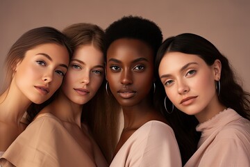 Fototapeta premium A diverse and authentic group of four young women, showcasing beauty and friendship with various ethnic backgrounds and styles in a studio setting.