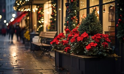 Fototapeta na wymiar street with christmas flower and decoration 