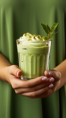 Women hand holding glass with green ice cream  cocktail on light green pop art background. Copy...