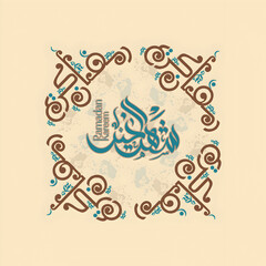 Ramadan Kareem manuscript arabic calligraphy in the form of an artistic painting illustration for greeting card and all prints. Not Generative AI it is my artwork.