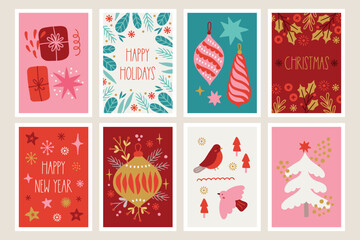 Fototapeta na wymiar Christmas greeting cards with balls, gifts, star, leaves, fir tree