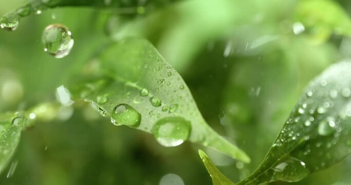 Close up of raindrops in super slow motion. Rain drips on the green leaves of the plant.