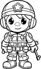 Soldier cartoon vector image, coloring page black and white