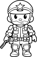 Soldier cartoon vector image, coloring page black and white