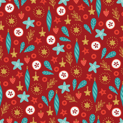 Christmas seamless pattern with berries, stars, hearts, baubles. Vector illustration