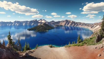 Beautiful Nature: Crater Lake Landscape with Mountain Range and Sky
