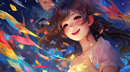 Obraz na płótnie Canvas a girl in an image with confetti and sparkles, anime style