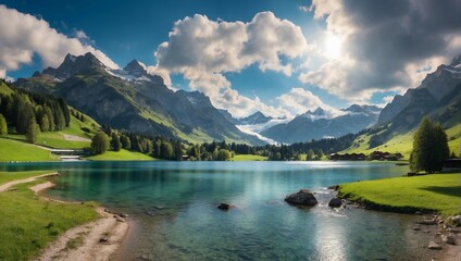 Tranquil Scene in Nature with Reflection on Lake and Green Landscape
