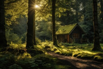 Forest cabin in sunlight surrounded by trees. Tranquility in nature.