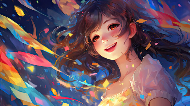 a girl in an image with confetti and sparkles, anime style