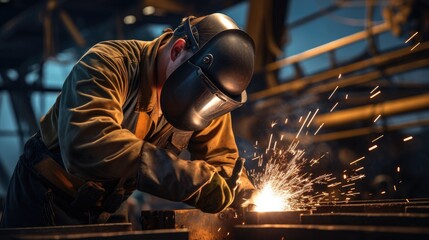 A skilled specialized worker in welding is repairing metal structures on an offshore oil plant - obrazy, fototapety, plakaty