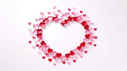 Heart shape made of red paper hearts on white background. Valentine's Day decoration.