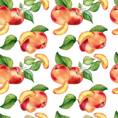 Fresh nectarines whole and half watercolor seamless pattern isolated on white background. Ripe fruits peach and leaves. Apricot hand drawn. Design element for package, textile, wrapping paper, fabric