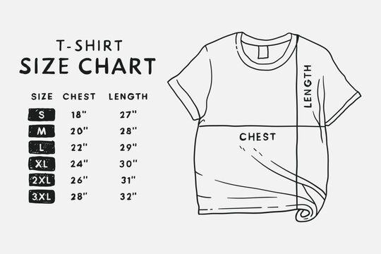 Black and white line drawing of a t-shirt size chart