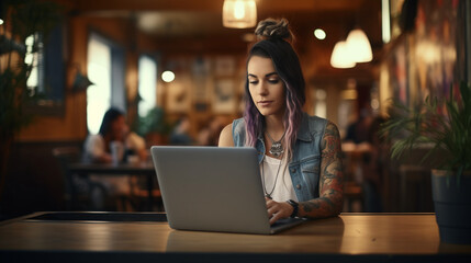 Young woman working on laptop in cafe. Girl with tattoo, designer freelancer or student work on computer laptop at table - obrazy, fototapety, plakaty