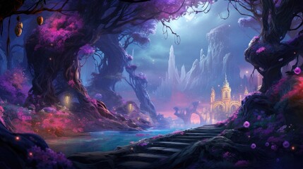 Enchanted fantasy landscape with mystical forest and castle. Magical world imagination.