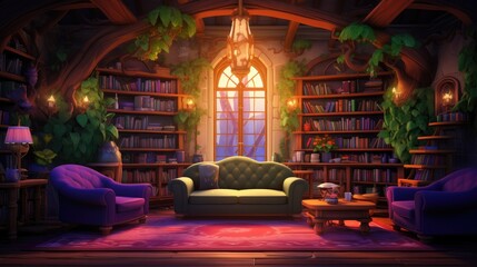 Cozy home library interior with comfortable furniture and books. Home tranquility and education.