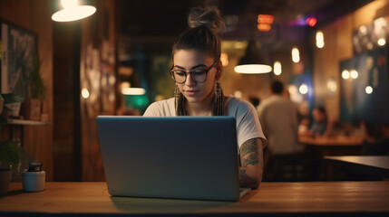 Young woman working on laptop in cafe. Girl with tattoo, designer freelancer or student work on computer laptop at table