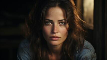 Fototapeta premium Authentic Beauty in Natural Light: Woman's Contemplative Look