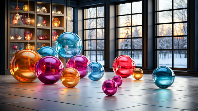 3d render of colorful glass glowing balls with colorful light inside, on the dark background. Generative AI technology.