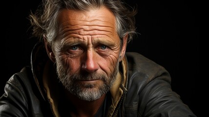 Obraz premium Intense Gaze: Portrait of a Rugged, Bearded Man in Leather