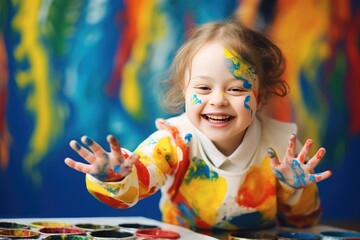 Joyful young girl with face paint enjoying arts and crafts. Creative play and education.