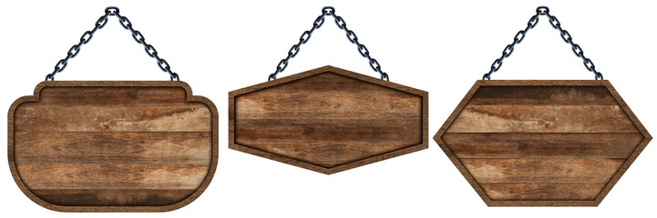 Rustic wooden signs with chain isolated on white background. Objects clipping path for design work