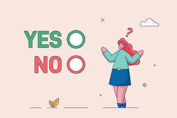 Business decision making concept. Choose yes or no alternative or choices, leadership to direct business to succeed, rational businesswoman thinking and make decision for business or career question.