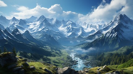 Majestic Mountain Realm: Serene Peaks Soaring into the Cloud-Kissed Blue Sky. Beautifully painted sky and snow-capped mountains. Mystical deserted place