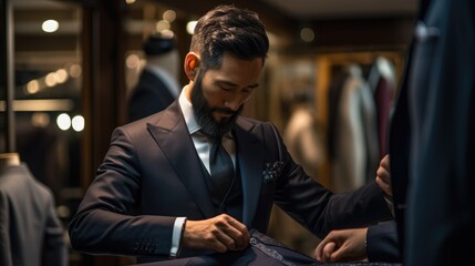A men's suit tailor, making adjustments to a new suit. Well dressed gentleman, of a custom tailored suit shop. bespoke formal clothing - obrazy, fototapety, plakaty