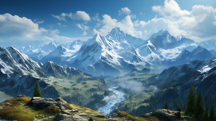 Majestic Mountain Realm: Serene Peaks Soaring into the Cloud-Kissed Blue Sky. Beautifully painted sky and snow-capped mountains. Mystical deserted place