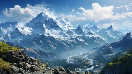 Majestic Mountain Realm: Serene Peaks Soaring into the Cloud-Kissed Blue Sky. Beautifully painted sky and snow-capped mountains. Mystical deserted place