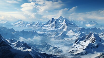 Majestic Mountain Realm: Serene Peaks Soaring into the Cloud-Kissed Blue Sky. Beautifully painted sky and snow-capped mountains. Mystical deserted place