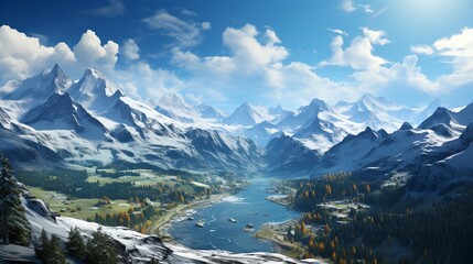 Majestic Mountain Realm: Serene Peaks Soaring into the Cloud-Kissed Blue Sky. Beautifully painted sky and snow-capped mountains. Mystical deserted place