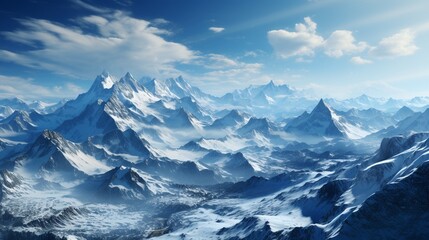 Majestic Mountain Realm: Serene Peaks Soaring into the Cloud-Kissed Blue Sky. Beautifully painted sky and snow-capped mountains. Mystical deserted place