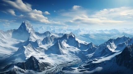 Majestic Mountain Realm: Serene Peaks Soaring into the Cloud-Kissed Blue Sky. Beautifully painted sky and snow-capped mountains. Mystical deserted place