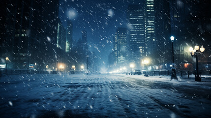 Snowy street at night. Heavy snowfall, loneliness, emptiness.