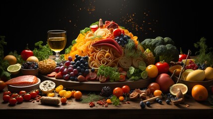  Opulent Display of Fruits, Vegetables, Grains, and Nuts with a Toast to Wellness. A big table of healthy food.