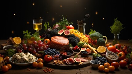  Opulent Display of Fruits, Vegetables, Grains, and Nuts with a Toast to Wellness. A big table of healthy food.