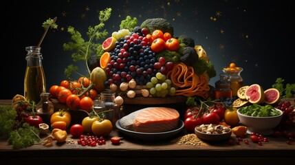  Opulent Display of Fruits, Vegetables, Grains, and Nuts with a Toast to Wellness. A big table of healthy food.