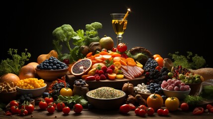  Opulent Display of Fruits, Vegetables, Grains, and Nuts with a Toast to Wellness. A big table of healthy food.