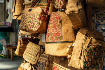 Stand with cork bags at city market