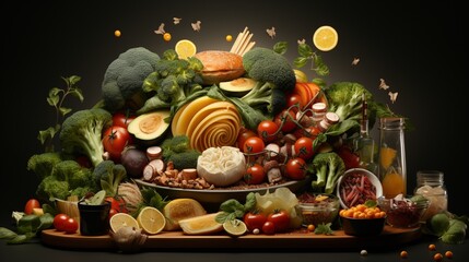  Opulent Display of Fruits, Vegetables, Grains, and Nuts with a Toast to Wellness. A big table of healthy food.