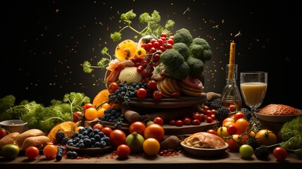  Opulent Display of Fruits, Vegetables, Grains, and Nuts with a Toast to Wellness. A big table of healthy food.