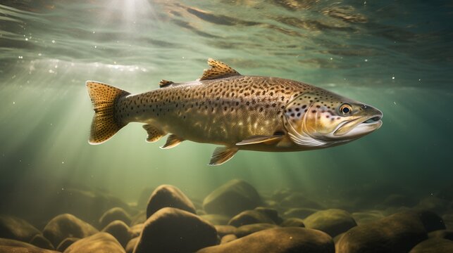 An underwater photograph capturing trout fish, illustrating the natural interaction in a freshwater habitat, symbolizing the essence of fishing.