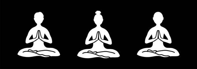 Set of 3 yoga icons with people's silhouettes sitting in lotus position, hands in namaste mudra. Meditating symbol isolated on black background. Vector illustration