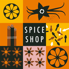 Spices abstract vector pattern. Cinnamon stick, vanilla, dried orange slices, cloves, and brown anise flower. Simple, geometric, modern style. Abstract background for poster, menu, cafe, spice shop. - obrazy, fototapety, plakaty