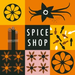 Poster Spices abstract vector pattern. Cinnamon stick, vanilla, dried orange slices, cloves, and brown anise flower. Simple, geometric, modern style. Abstract background for poster, menu, cafe, spice shop. © Mariia