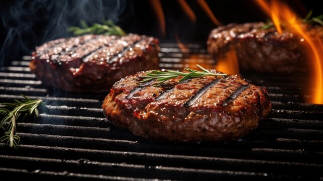 Delicious Burgers Grilling on a Minimalistic Clean Grill, Stock photography