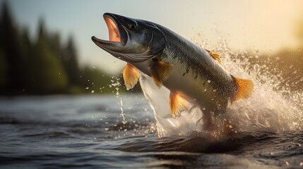 Obraz premium A powerful salmon leaps energetically from the sparkling river, showcasing its strength and agility against a backdrop of cascading water, symbolizing the vitality of nature and the thrill of fishing.